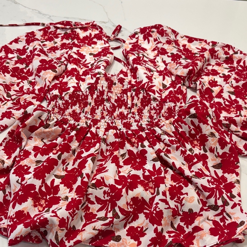 Cupshe island sun floral Ref & White Smocked V-Neck Long Sleeve Midi Dress - Picture 9 of 15